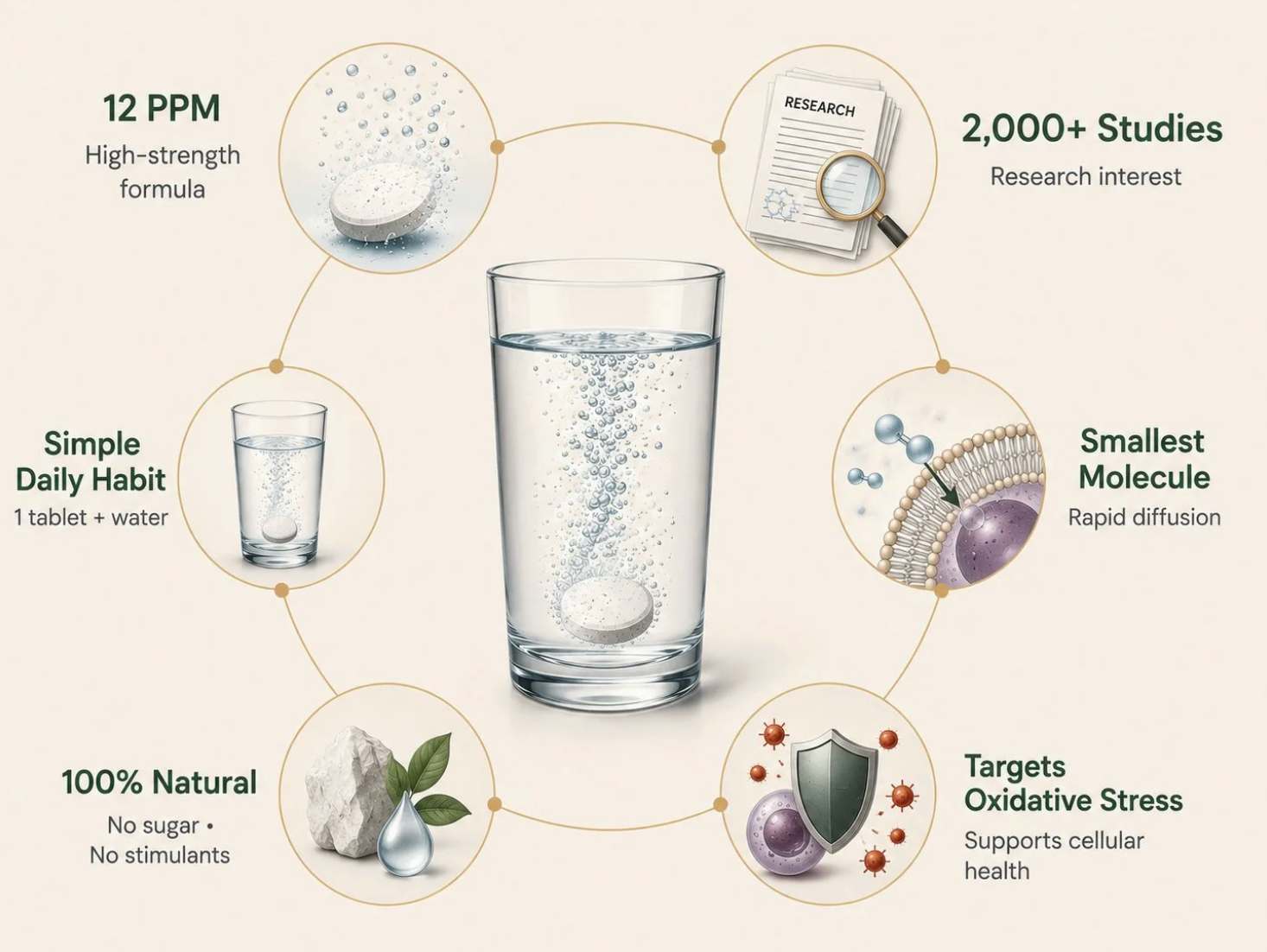 Six properties of the Hydronate tablet: 12 PPM high-strength formula, 2,000+ studies, simple daily habit, smallest molecule, 100% natural, targets oxidative stress.