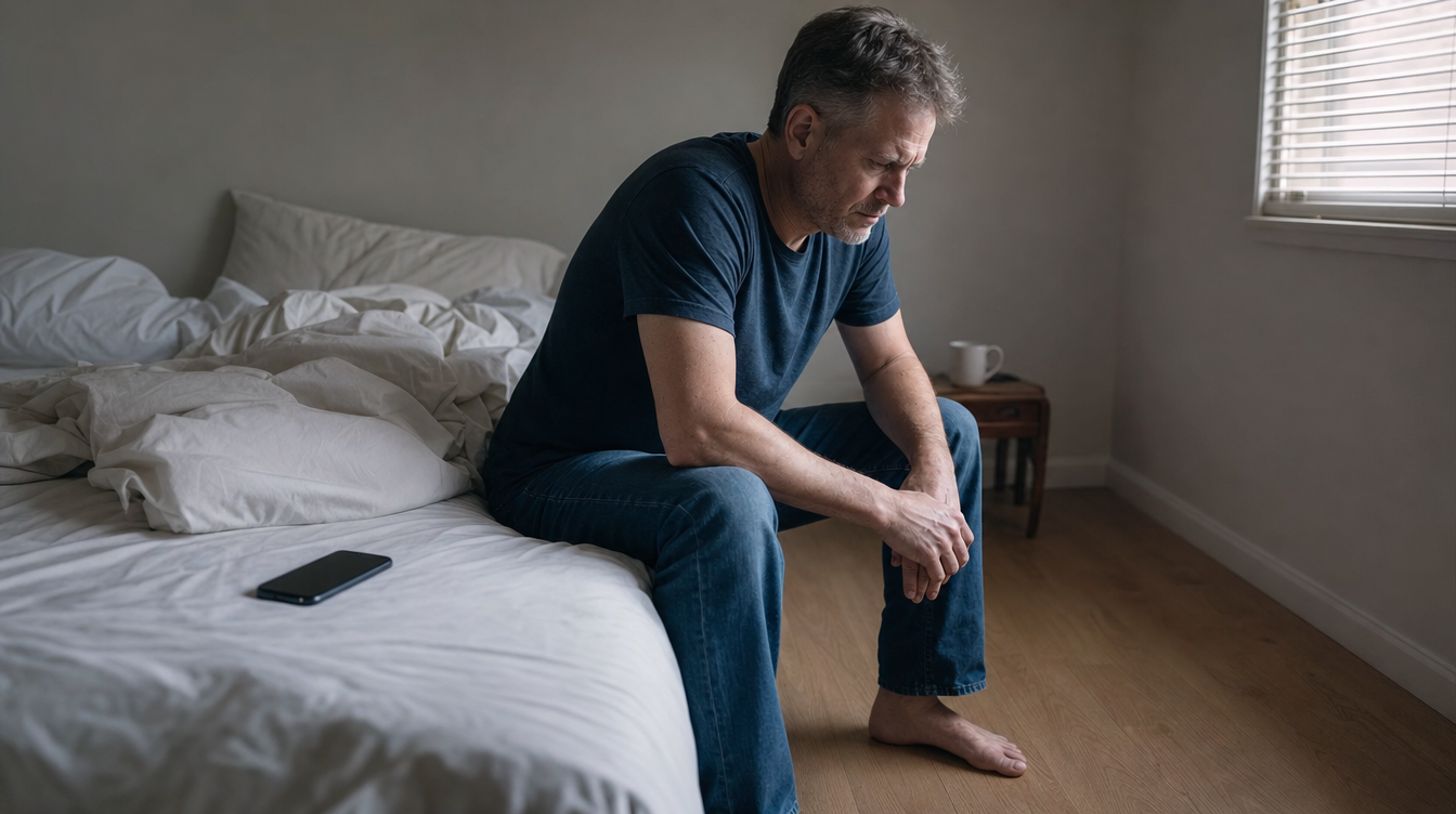 A man in his fifties sitting on the edge of an unmade bed in morning light, phone face-down beside him, looking at the floor.