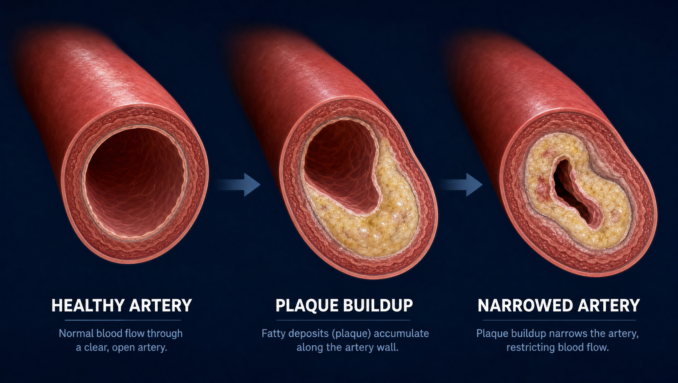 Cross-sections of a coronary artery progressing from clear to heavily narrowed by plaque.