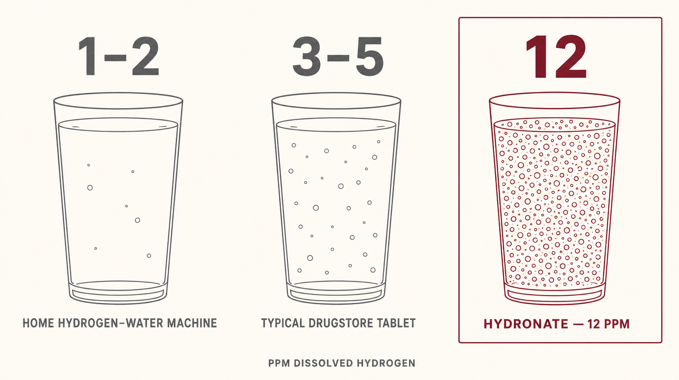 Three glasses of water compared by dissolved hydrogen: 1-2 PPM from a home machine, 3-5 PPM from a typical drugstore tablet, 12 PPM from Hydronate.