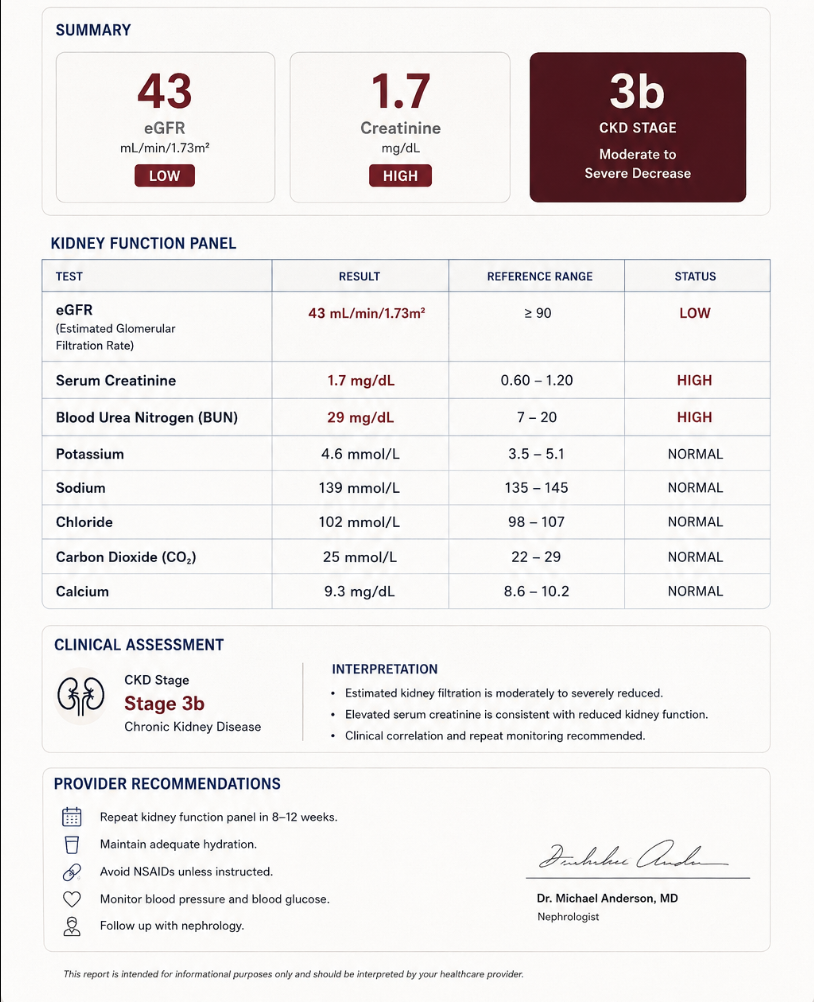 Sarah J.'s kidney function report: eGFR 43 (low), creatinine 1.7 (high), BUN 29 (high), CKD Stage 3b — moderate to severe decrease, with clinical assessment and provider recommendations