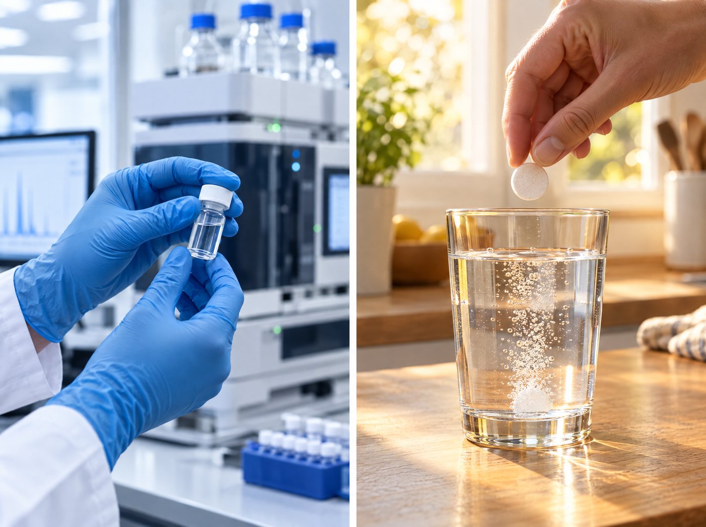 Left: gloved hands holding a sample vial in a testing lab. Right: a tablet being dropped into a glass of water.