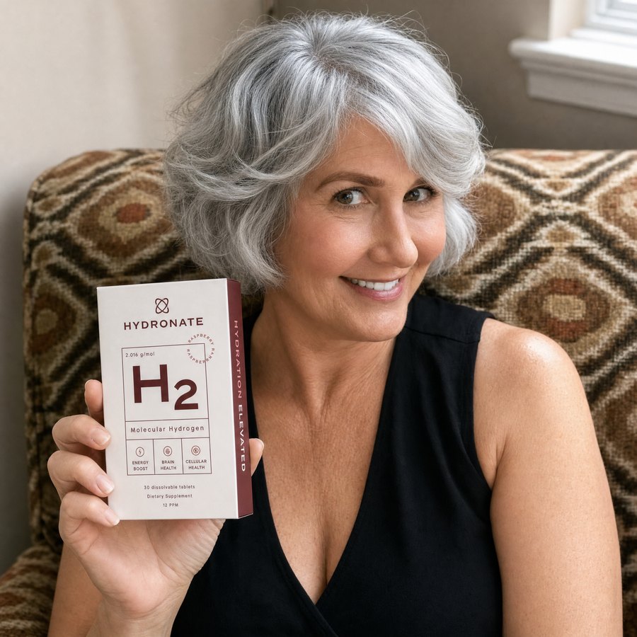 Customer holding a Hydronate H2 box, seated in an armchair.