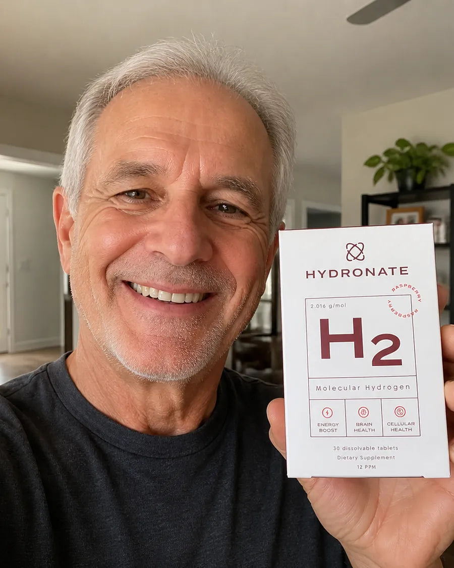 A Hydronate customer smiling with a box of tablets