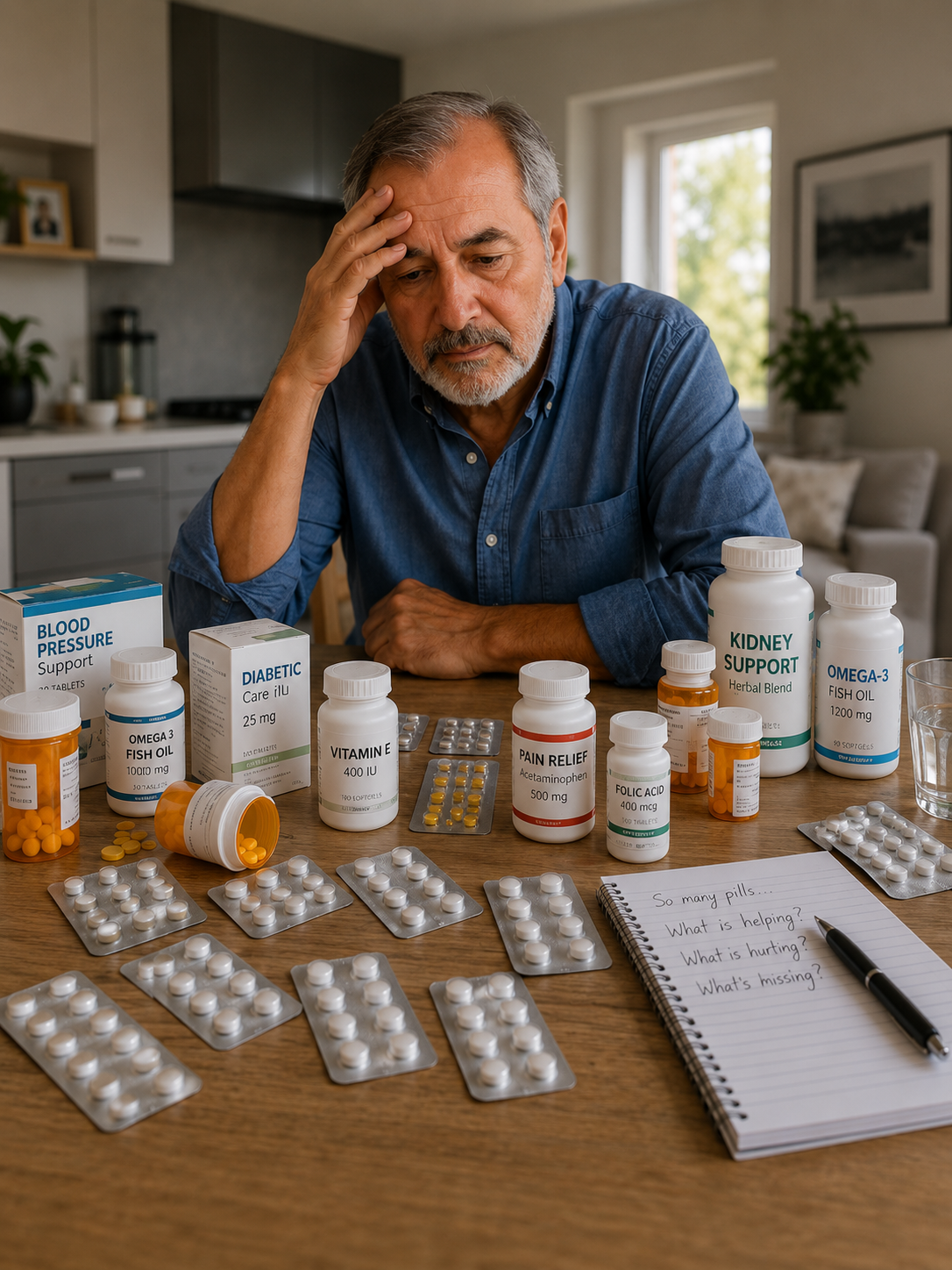 A table full of supplement bottles