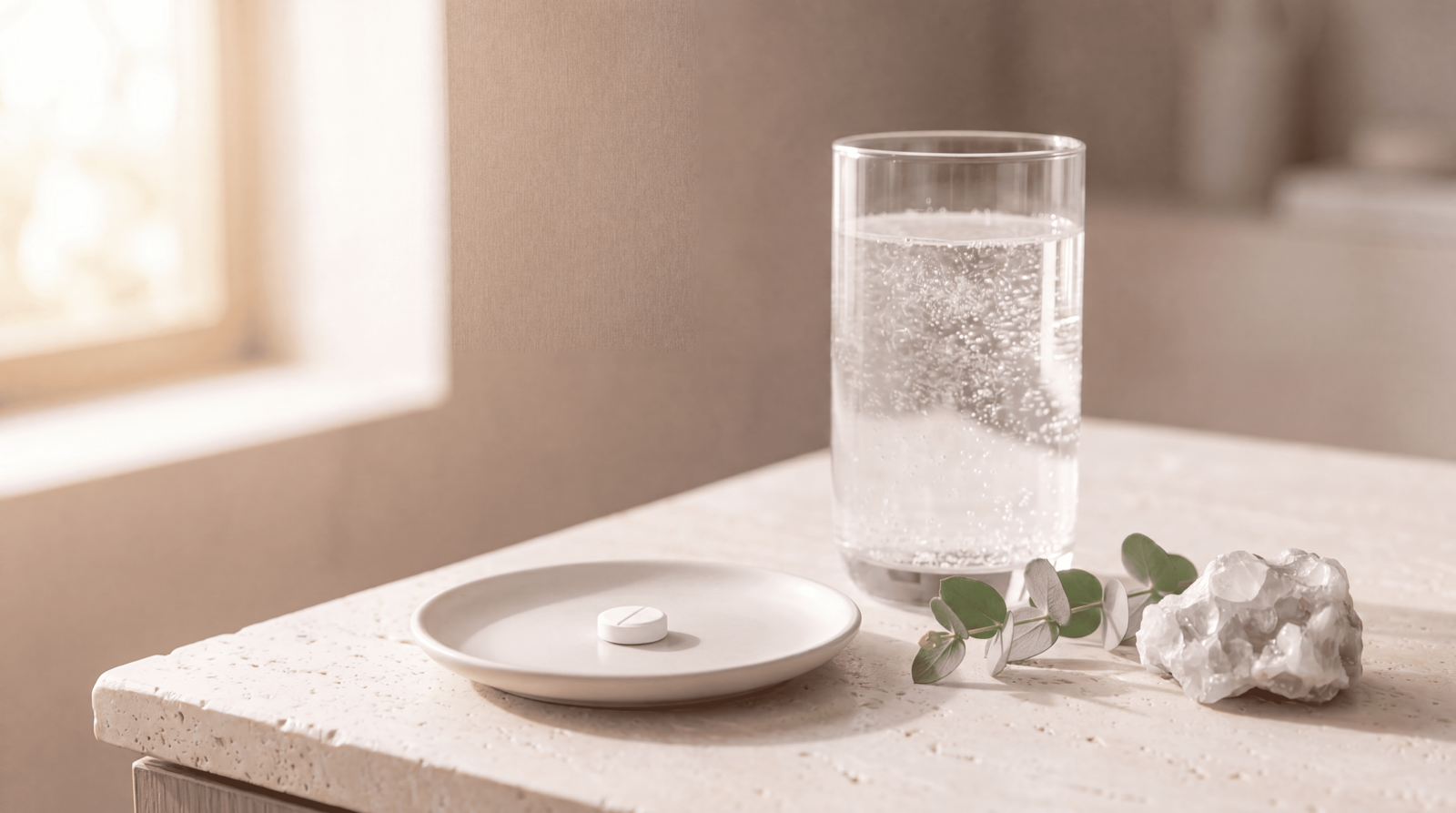 A single white tablet on a ceramic dish beside a tall glass of fizzing water, with a eucalyptus sprig and a raw mineral on a travertine counter in soft morning light.