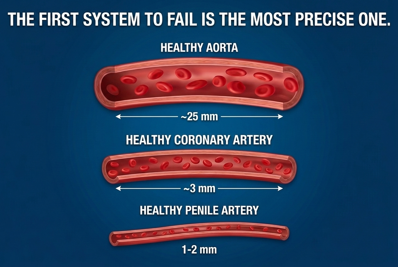 The first system to fail is the most precise one — Healthy Aorta ~25 mm, Healthy Coronary Artery ~3 mm, Healthy Penile Artery 1–2 mm. Side-by-side scale comparison.