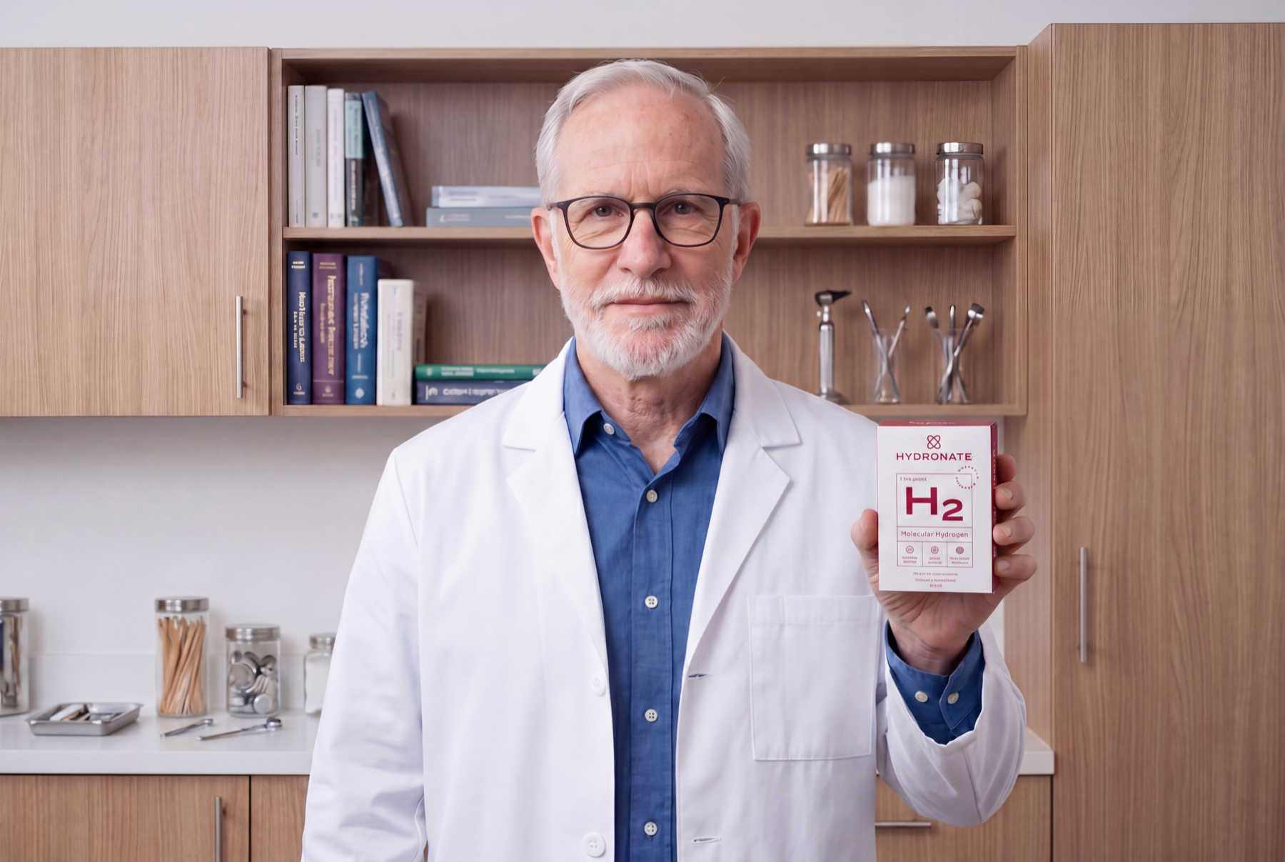 Dr. Crawford holding a box of Hydronate molecular hydrogen tablets in his clinic.