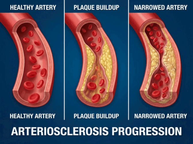 Arteriosclerosis progression — healthy artery, plaque buildup, narrowed artery