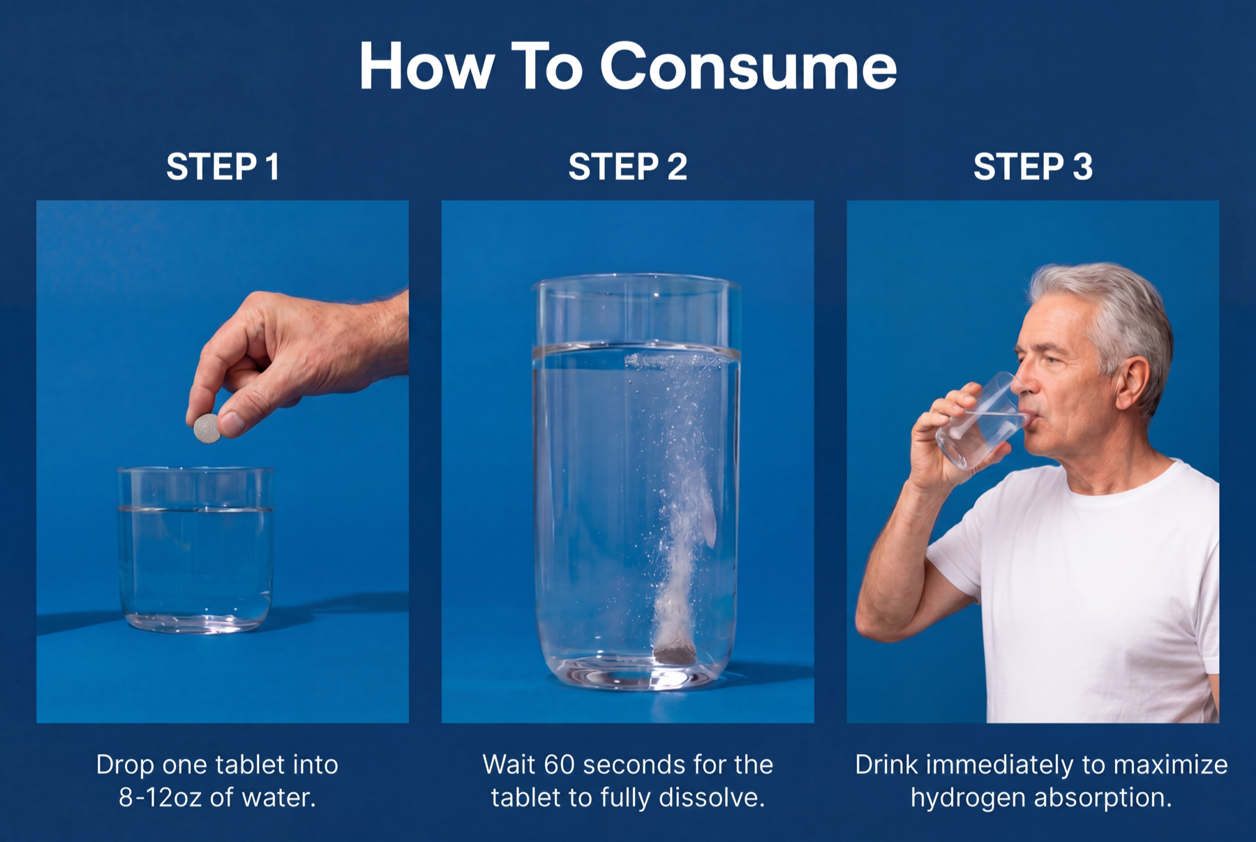 How to consume Hydronate — Step 1: drop one tablet into 8–12 oz of water. Step 2: wait 60 seconds for the tablet to fully dissolve. Step 3: drink immediately to maximize hydrogen absorption.