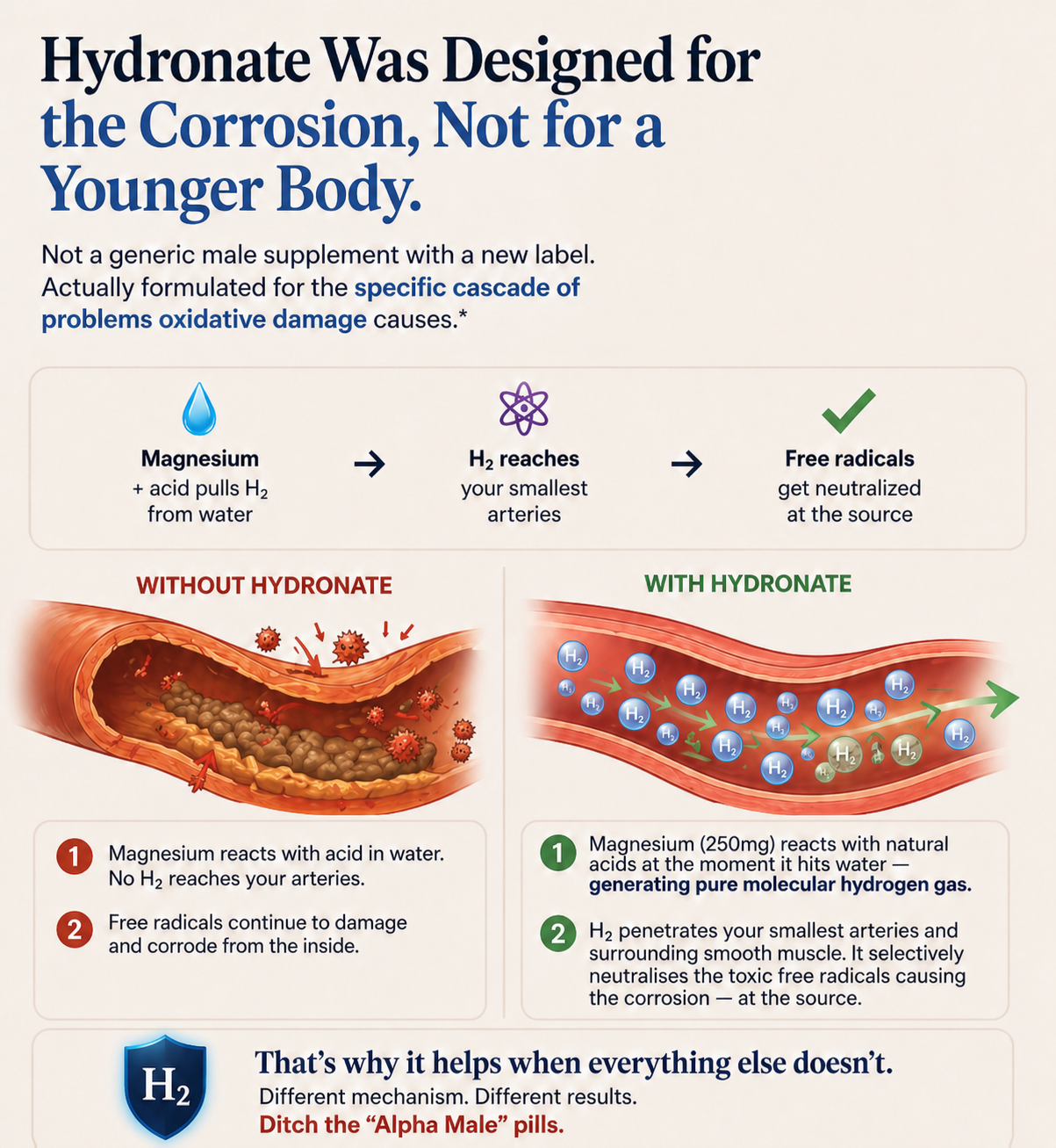 Hydronate was designed for the corrosion, not for a younger body. Not a generic male supplement with a new label — actually formulated for the specific cascade of problems oxidative damage causes. Magnesium plus acid pulls H₂ from water, H₂ reaches your smallest arteries, free radicals get neutralized at the source. Without Hydronate vs With Hydronate comparison.