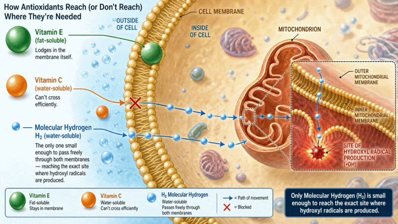 Animated diagram. Vitamin E (green, fat-soluble) lodges in the cell membrane. Vitamin C (orange, water-soluble) is blocked at the membrane by a red X. Molecular hydrogen H₂ (small blue molecules) passes freely through the outer cell membrane and the mitochondrial membrane to reach the site of hydroxyl radical production.