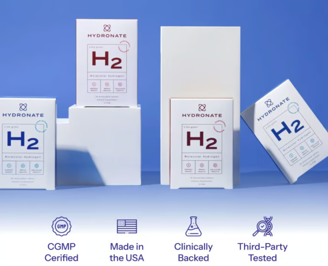 Four Hydronate H2 Molecular Hydrogen boxes (burgundy and blue variants) arranged on a navy backdrop. Below the lineup, four trust badges: CGMP Certified, Made in the USA, Clinically Backed, Third-Party Tested.