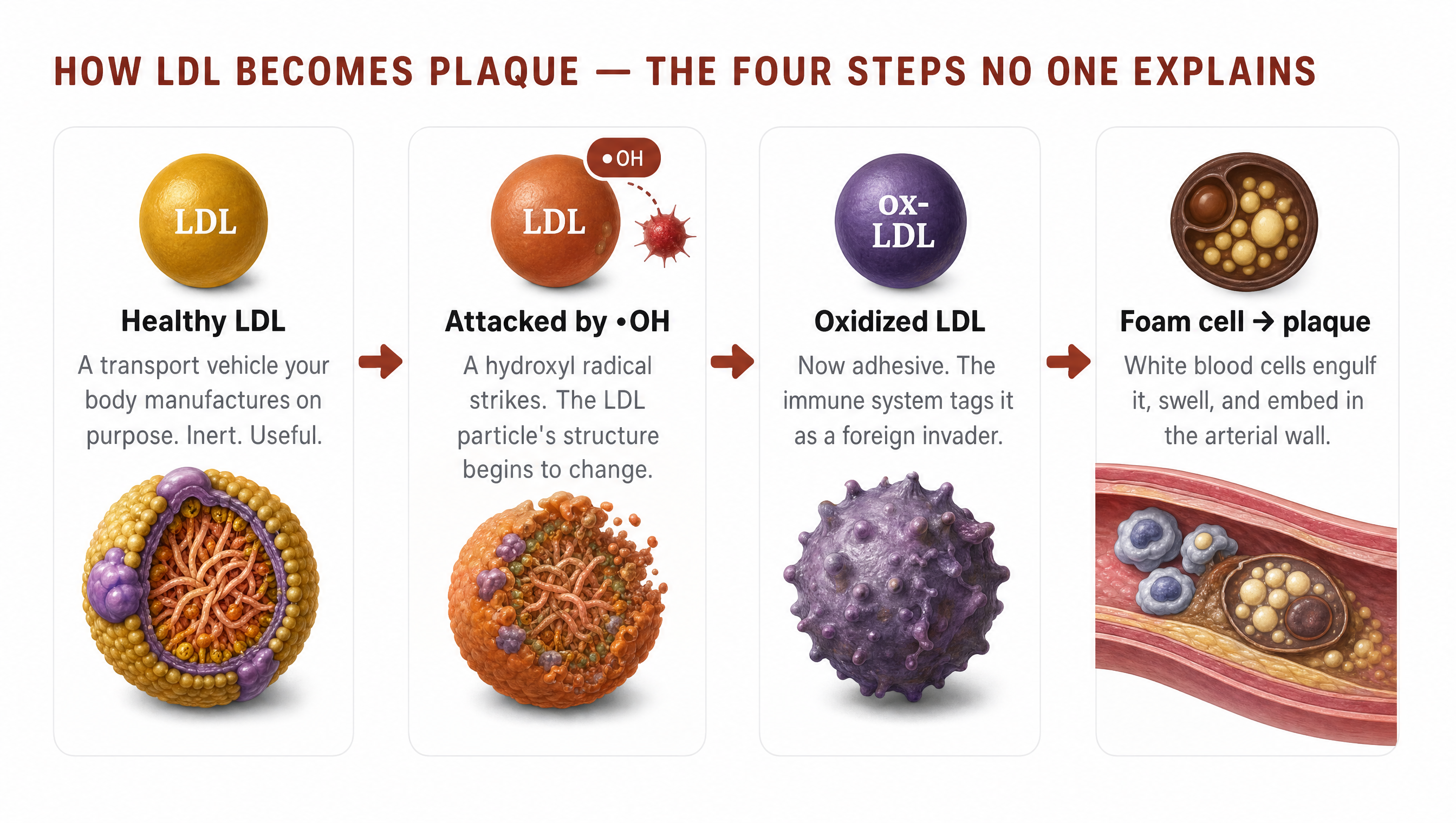 A four-panel medical infographic titled 'How LDL becomes plaque — the four steps no one explains.' Panel 1: Healthy LDL, a gold transport particle, inert and useful. Panel 2: Attacked by hydroxyl radical (•OH), the LDL turns orange. Panel 3: Oxidized LDL (ox-LDL), a purple spiked particle now tagged as a foreign invader. Panel 4: Foam cell becoming plaque embedded in the arterial wall.