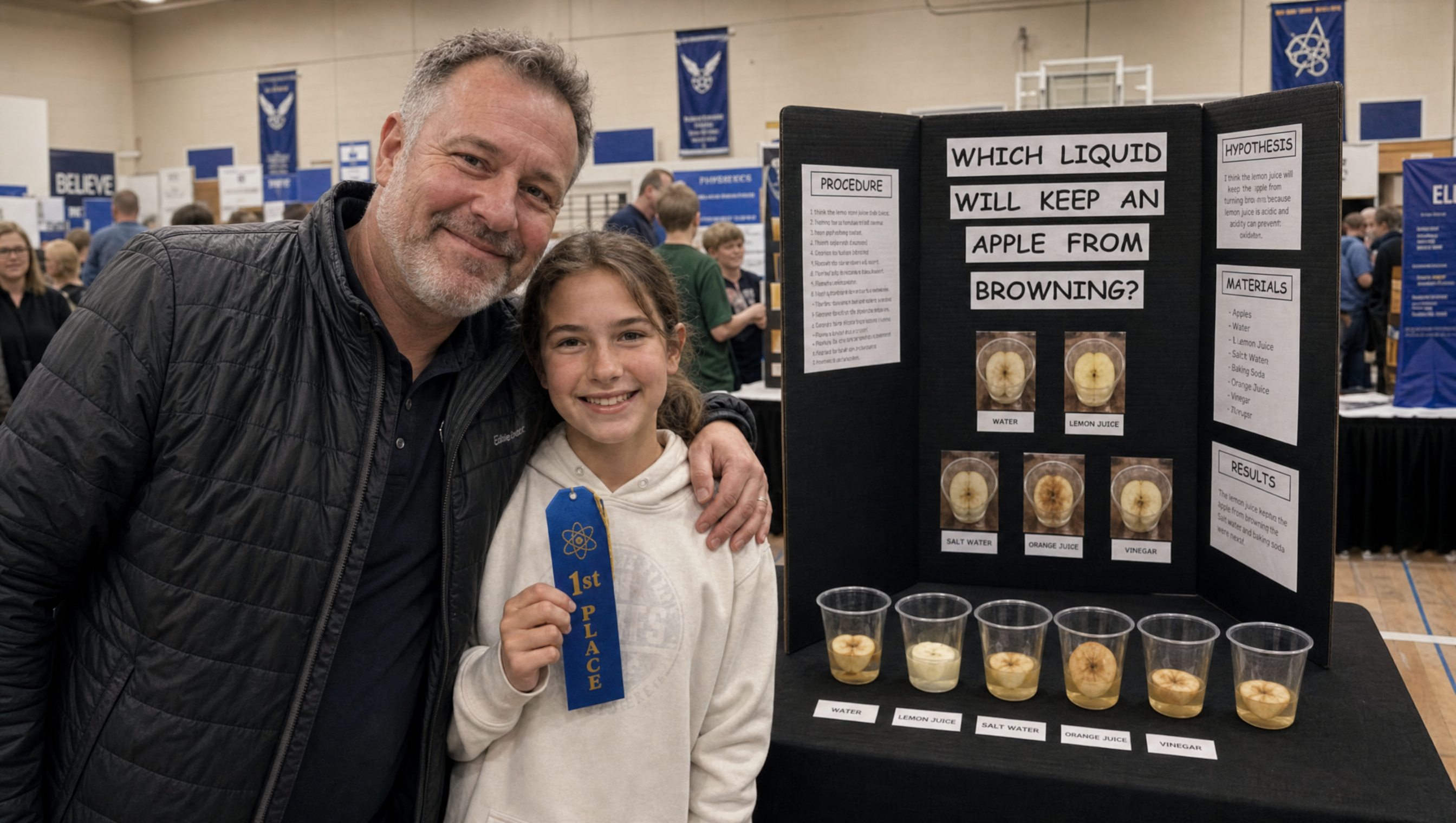 A father stands with his arm around his 11-year-old daughter at a school science fair gymnasium. She holds a blue 1st Place ribbon. Behind them: her tri-fold board titled 'WHICH LIQUID WILL KEEP AN APPLE FROM BROWNING?' with hypothesis, materials, results, and the six labeled cups (water, lemon juice, salt water, orange juice, vinegar) on the table.
