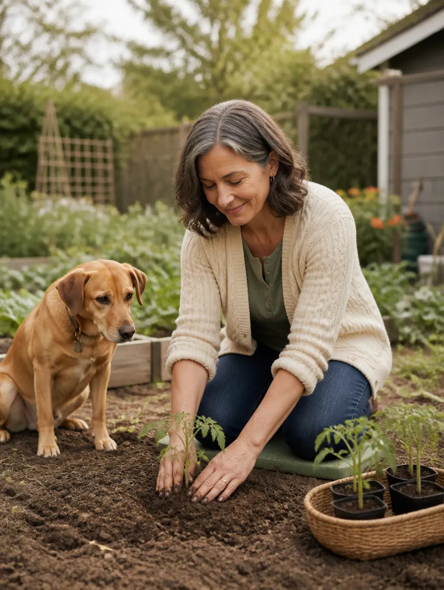 Carol Henderson back in her garden, planting tomato seedlings with her dog watching beside her
