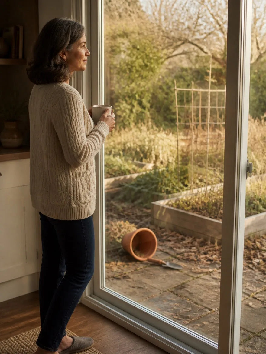 Carol Henderson, 58, holding a coffee mug and gazing out a glass door at the garden she'd stopped tending