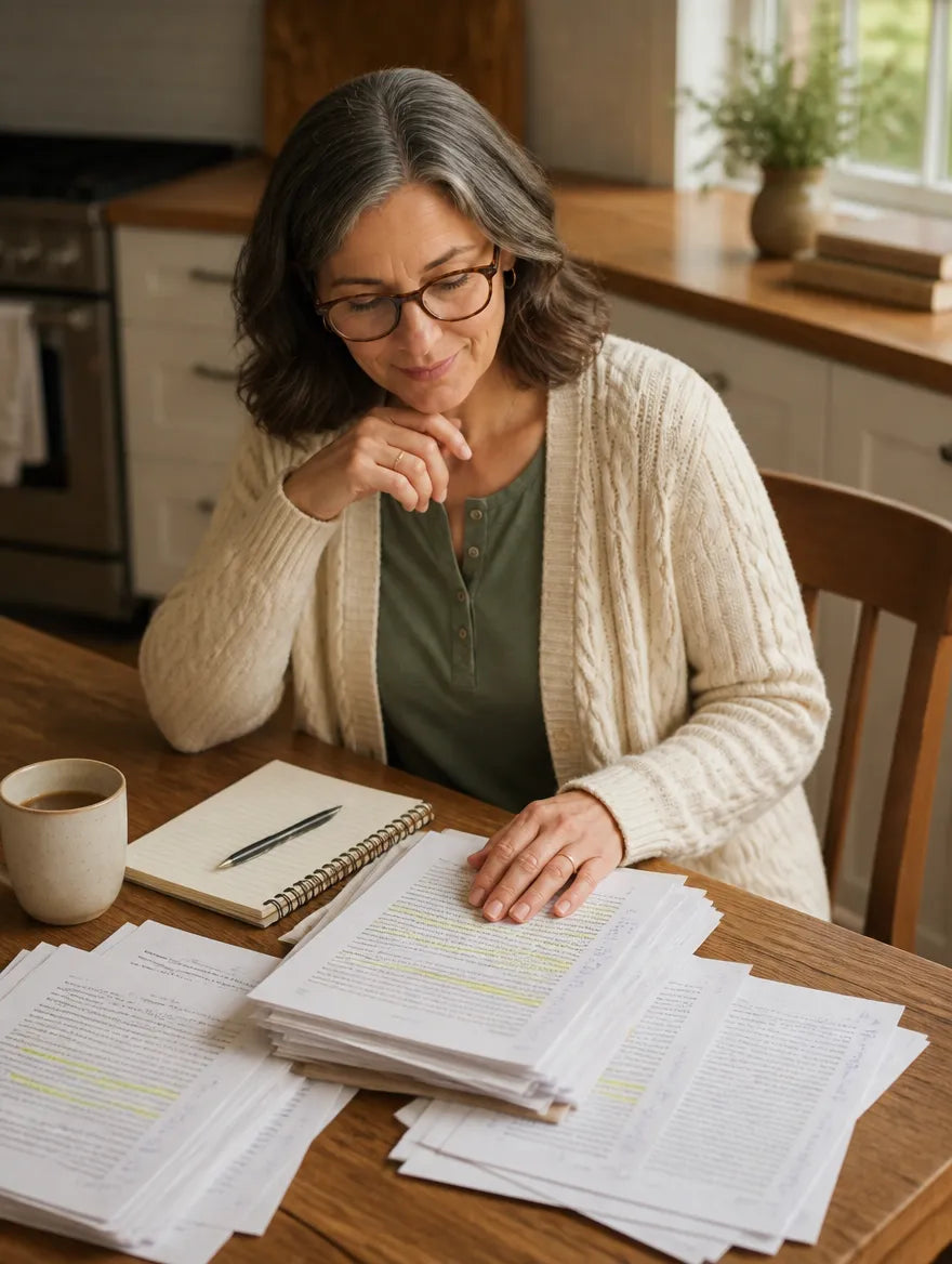 Carol Henderson at her kitchen table reading research papers with reading glasses, coffee mug and notebook nearby