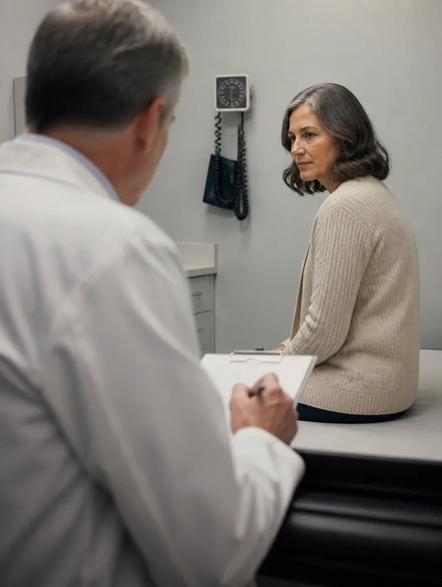 Carol Henderson seated on an exam table while her doctor takes notes on a clipboard in his white coat