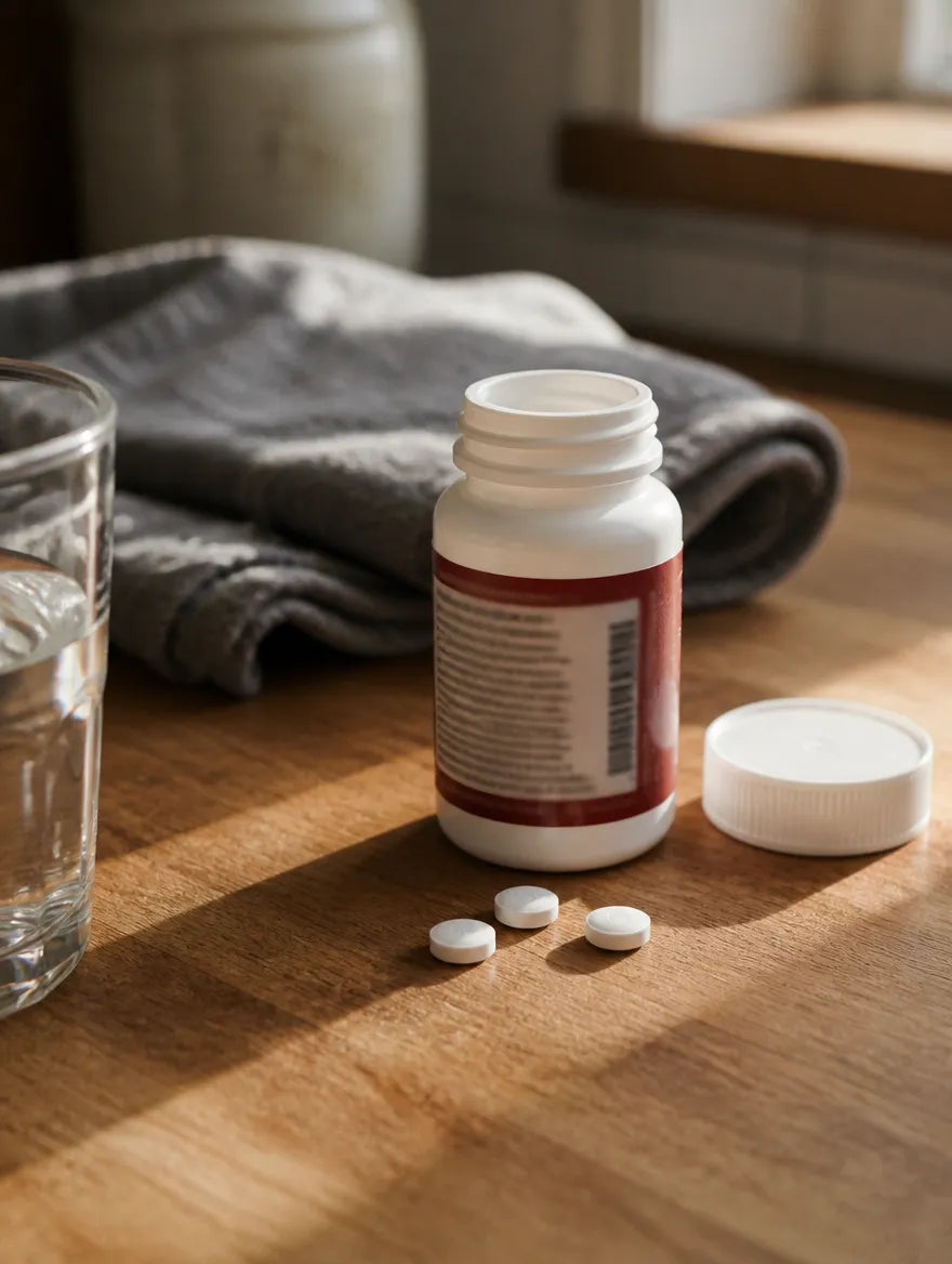 An open generic pain reliever bottle with white tablets spilled on a wooden kitchen counter beside a glass of water