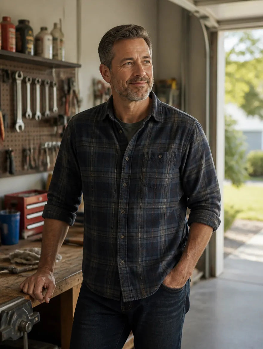 James D., 54, standing in his garage workshop in a navy flannel shirt, beside a workbench with hand tools on a pegboard behind him