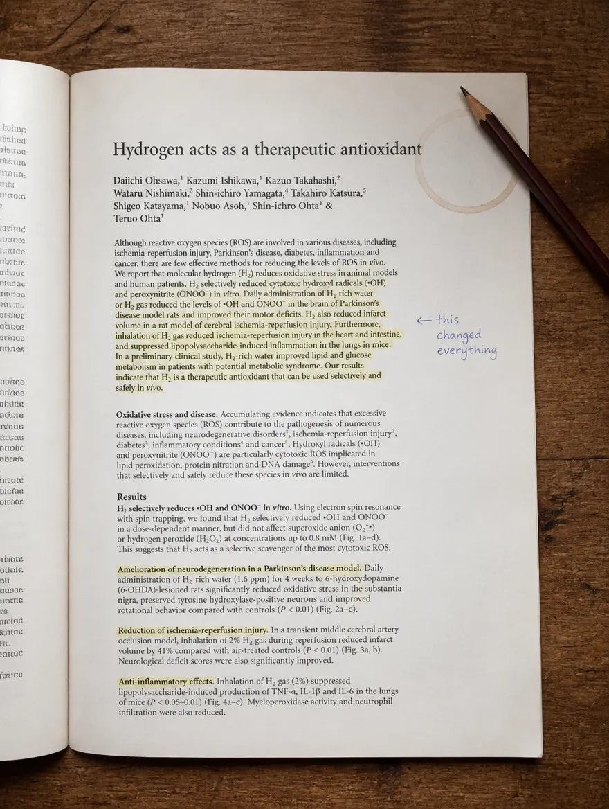 The 2007 Nature Medicine paper 'Hydrogen acts as a therapeutic antioxidant' open on a wooden desk with highlighter marks and a handwritten margin note reading 'this changed everything'
