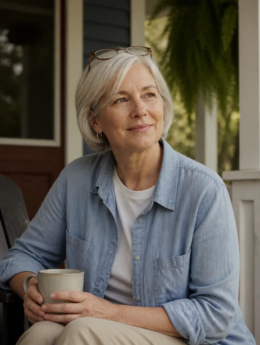 Patricia R., 64, sitting on a craftsman-style front porch holding a ceramic coffee mug