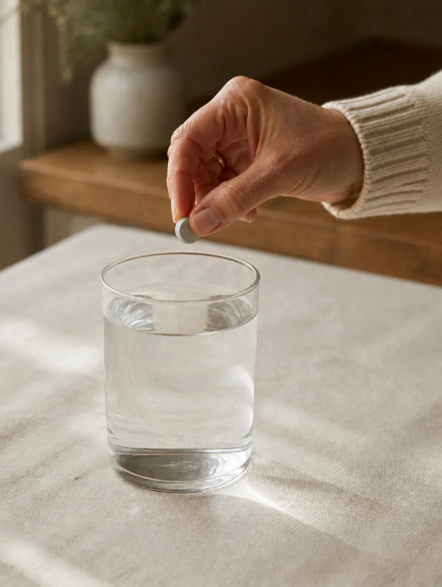 A Hydronate tablet about to drop into a clear glass of water