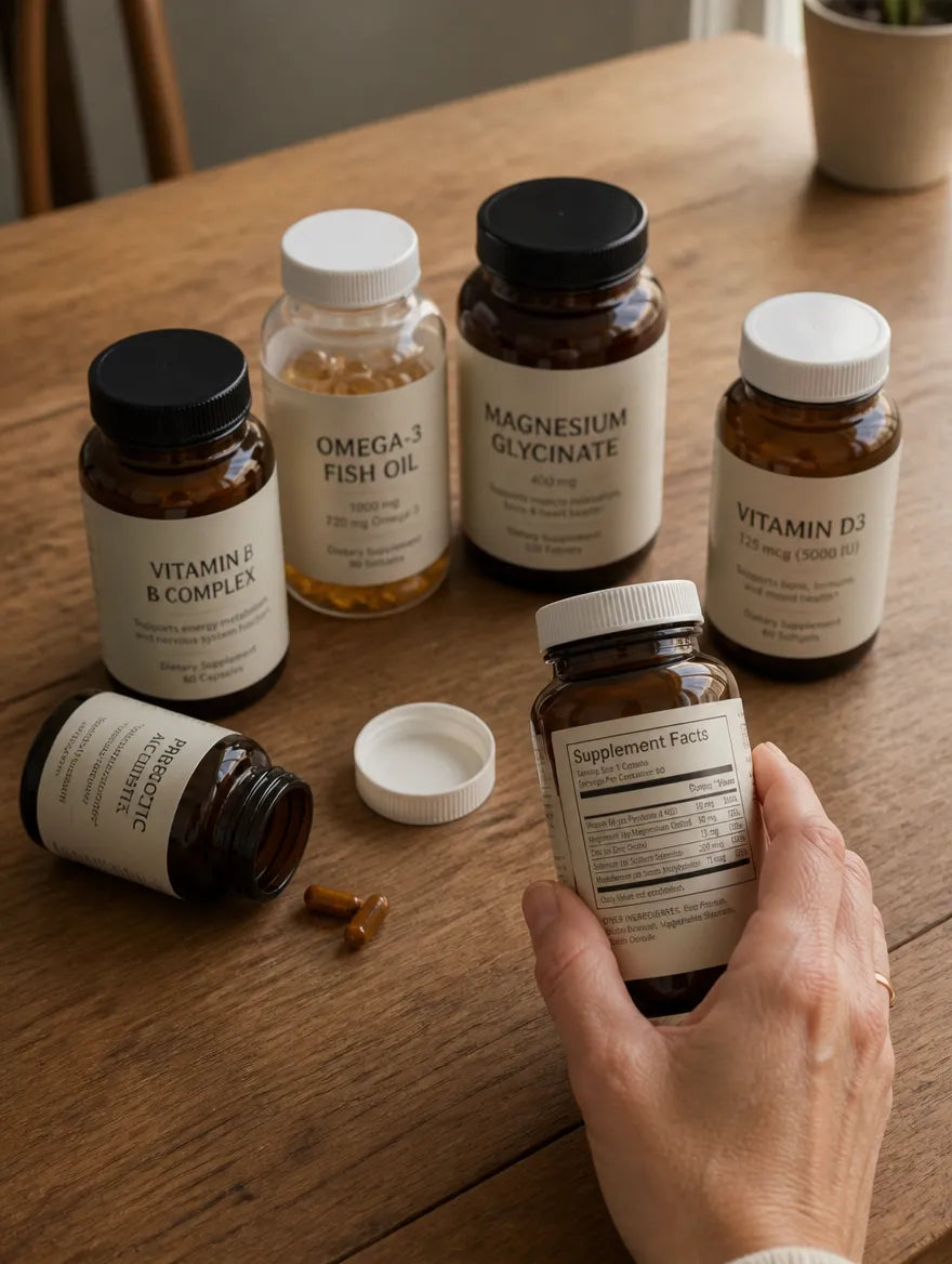 A pile of generic vitamin and supplement bottles on a wooden kitchen table with a woman's hand holding one bottle reading the supplement facts