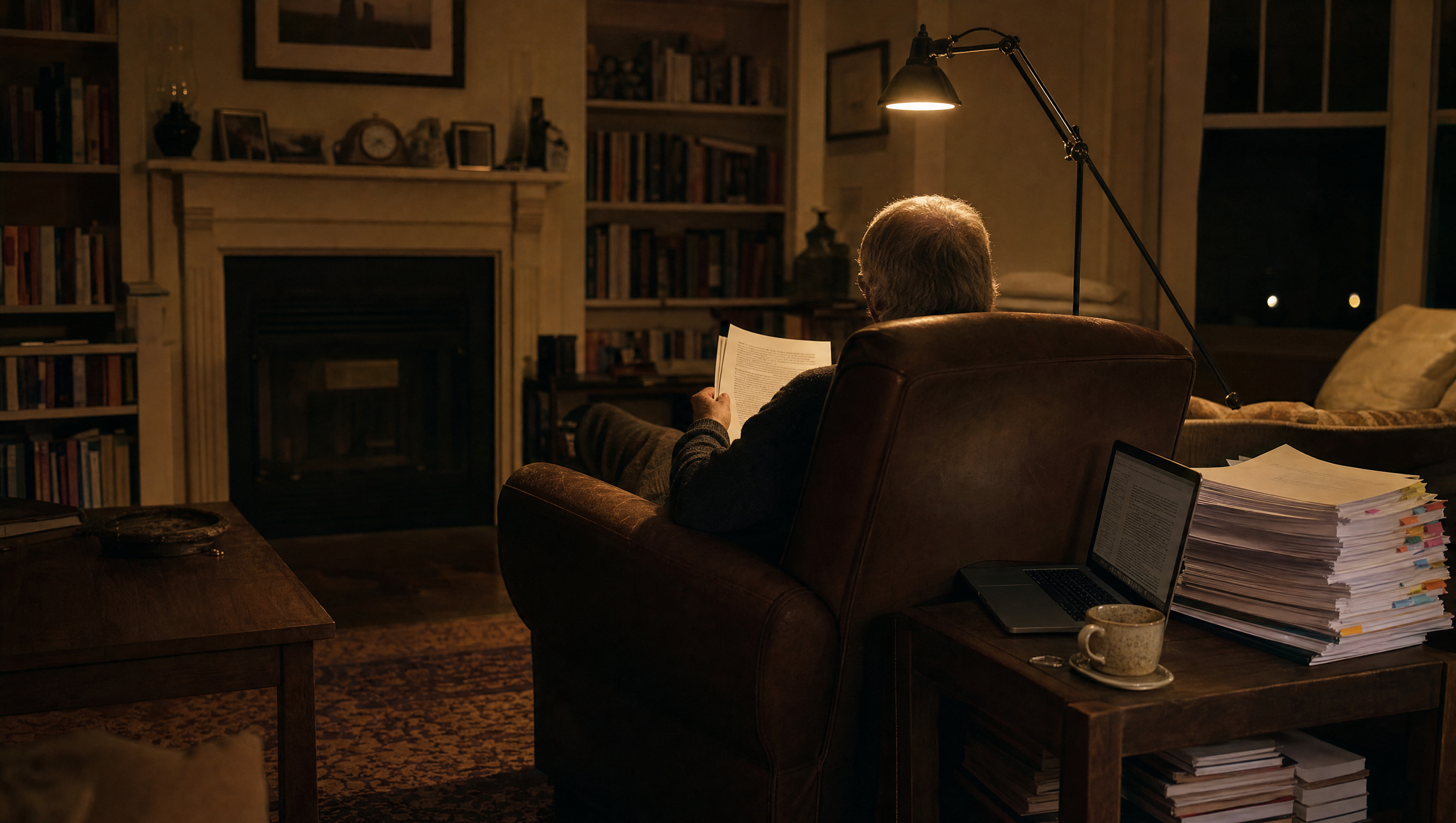 An older man seen from behind, silver hair, reading a stack of printed research papers under a single warm lamp in a book-lined living room at night, a laptop and a cup of coffee on the side table beside him.