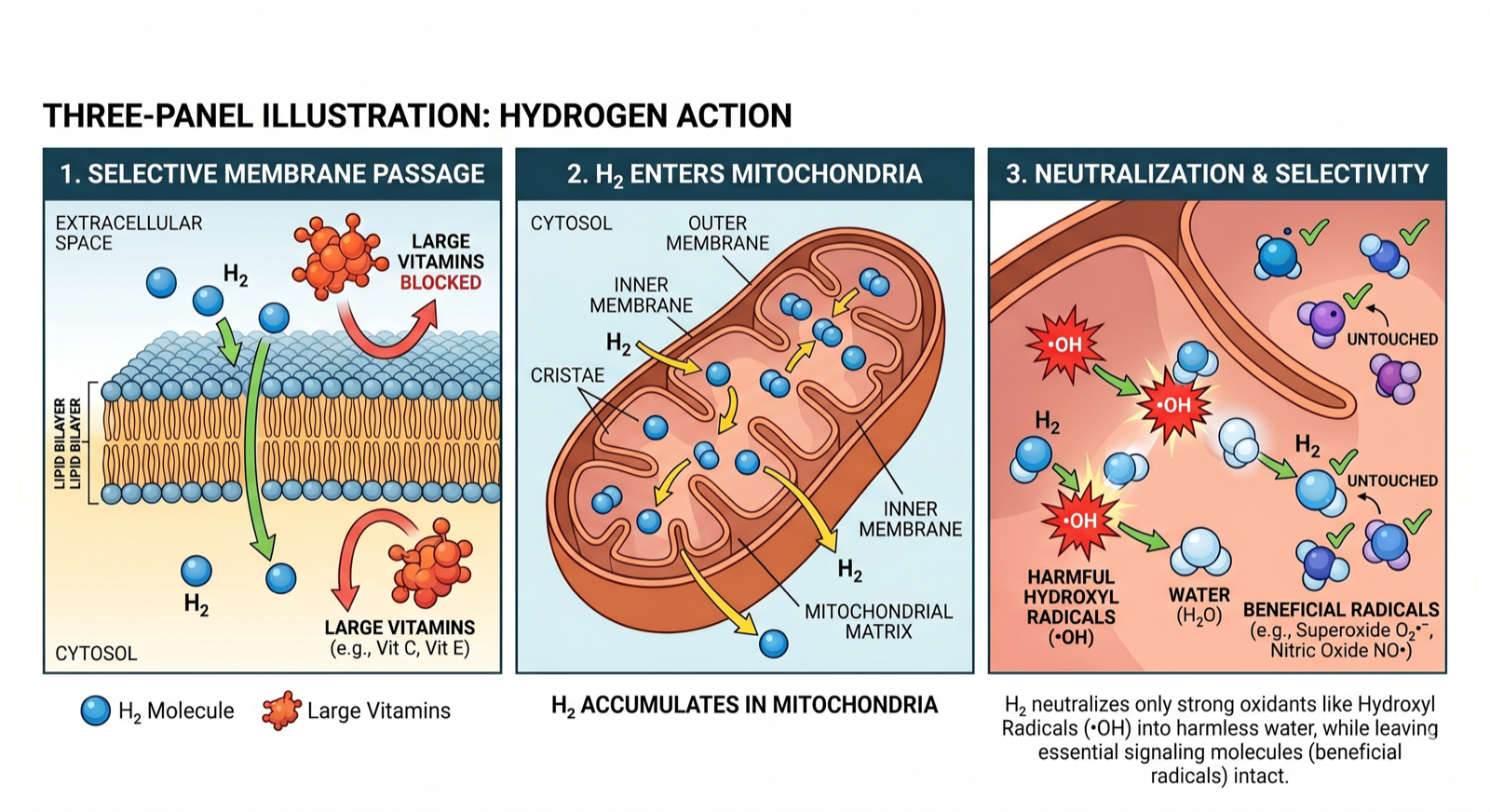 Illustration of tiny molecular-hydrogen molecules diffusing through a cell membrane that larger molecules cannot cross.