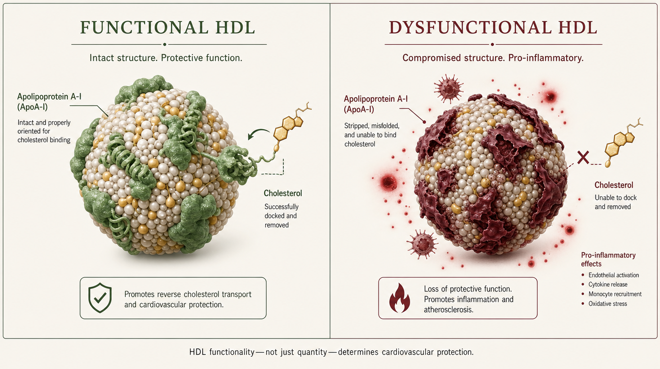 Two-panel comparison: Functional HDL with intact green apolipoprotein A-I docking and removing cholesterol, versus Dysfunctional HDL with stripped, misfolded proteins unable to bind cholesterol and turning pro-inflammatory.