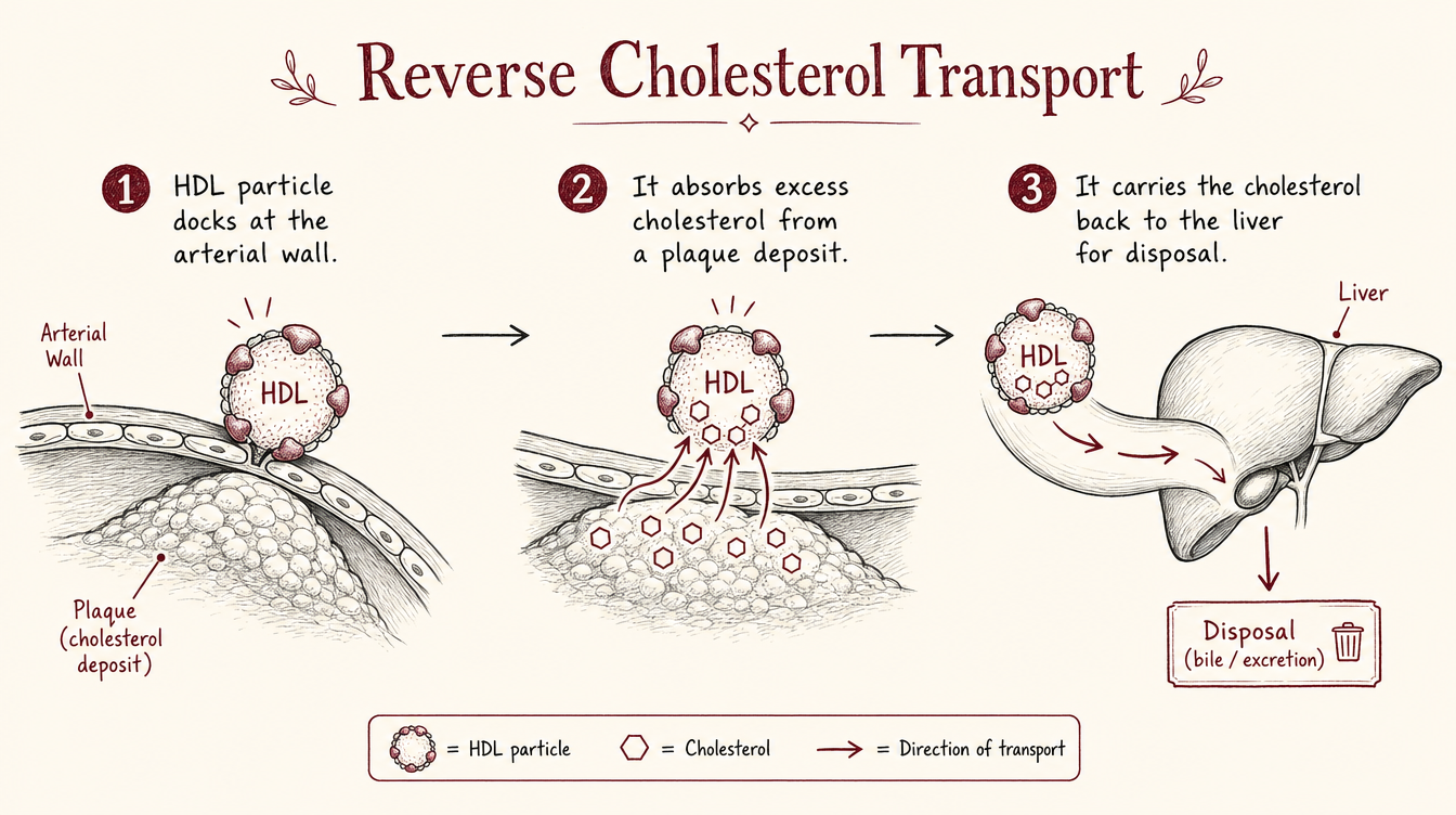 Diagram, Reverse Cholesterol Transport: 1 an HDL particle docks at the arterial wall, 2 it absorbs excess cholesterol from a plaque deposit, 3 it carries the cholesterol back to the liver for disposal.