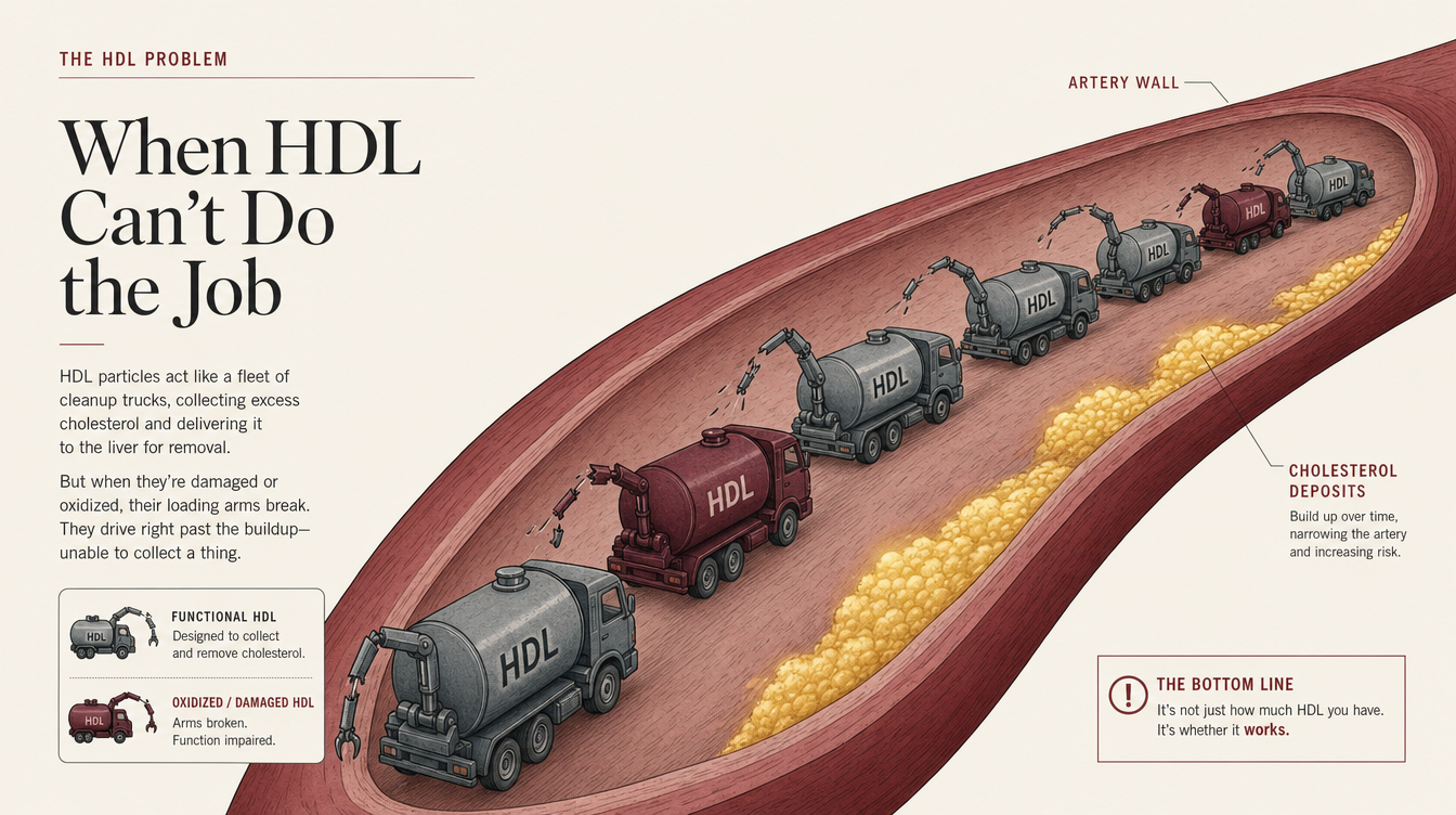 Editorial illustration, When HDL Can't Do the Job: a fleet of HDL cleanup trucks travels inside an artery; damaged, oxidized trucks have broken loading arms and drive past cholesterol deposits without collecting them.