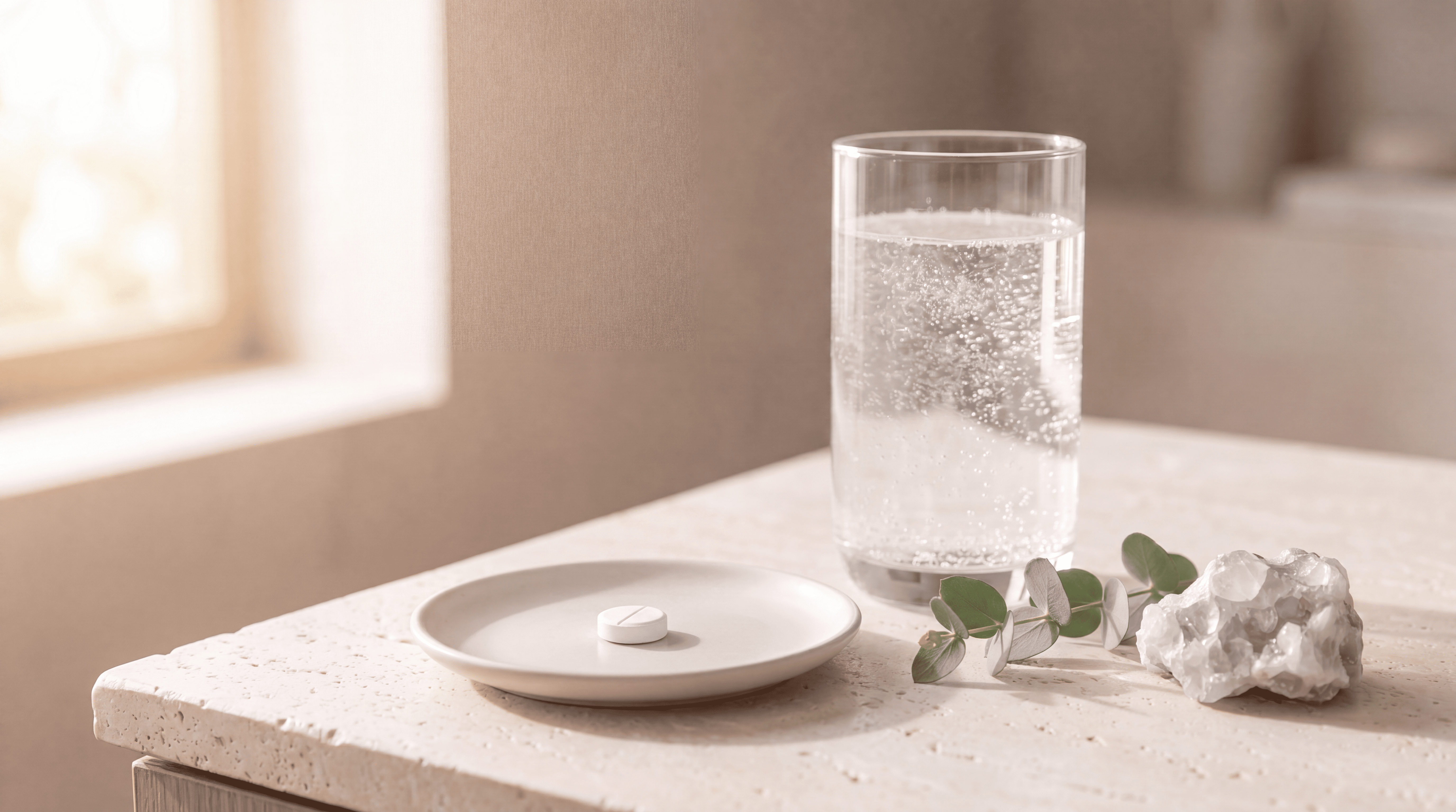 A single white tablet on a ceramic dish beside a tall glass of fizzing water, with a eucalyptus sprig and a raw mineral on a travertine counter in soft morning light.