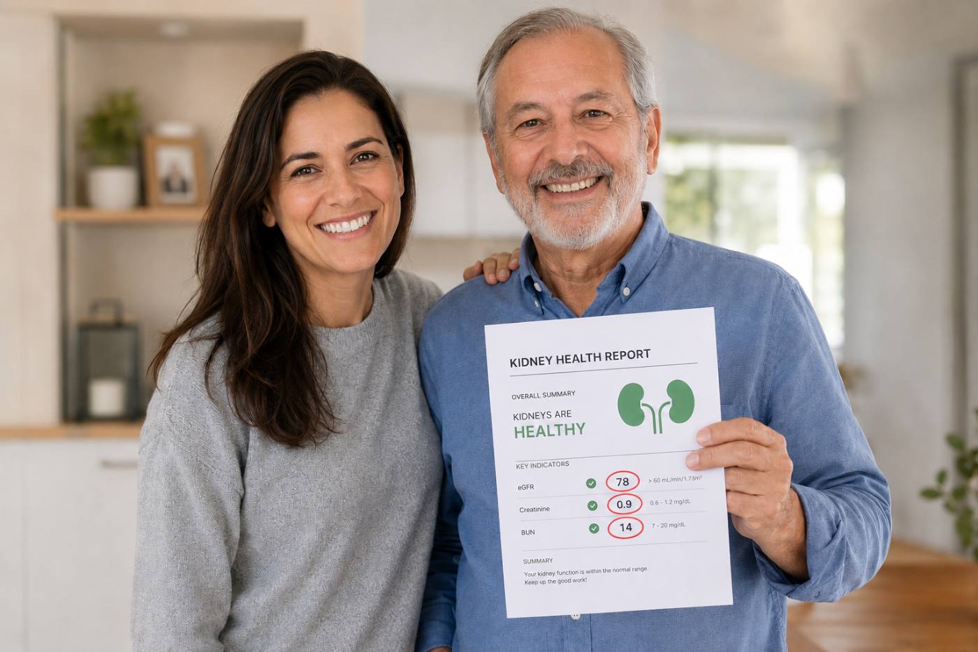 A daughter and her father holding his kidney health report