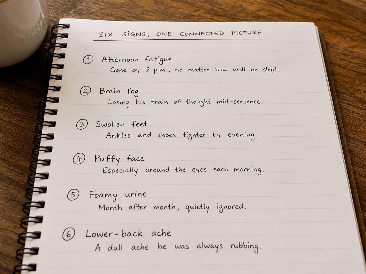 A notebook page titled Six Signs, One Connected Picture, listing afternoon fatigue, brain fog, swollen feet, puffy face, foamy urine, and lower-back ache