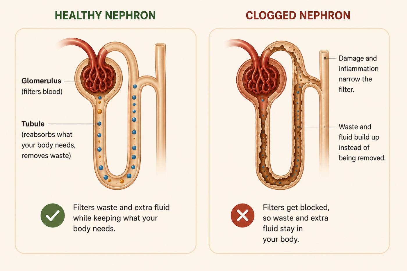 Diagram comparing a healthy nephron that filters waste with a clogged nephron where waste and fluid build up