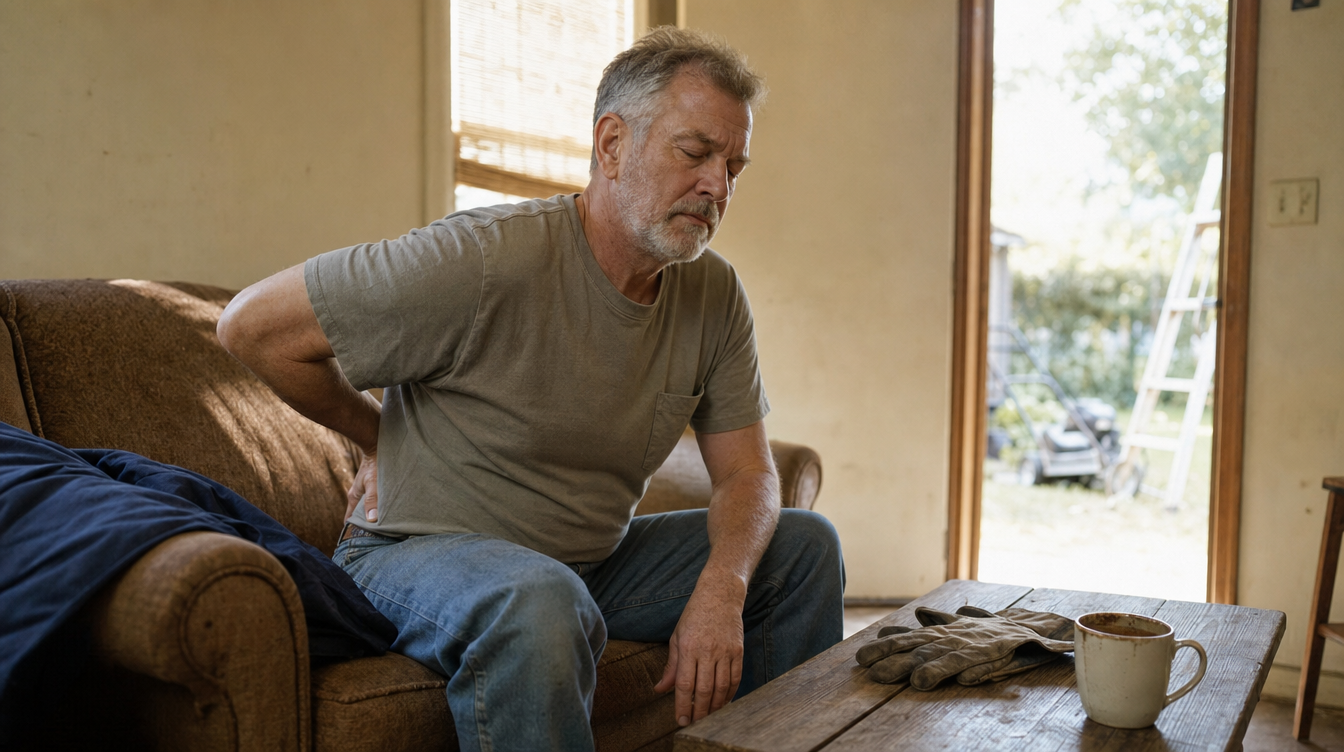 A man in his sixties sitting on the edge of a sofa mid-afternoon, one hand pressed to his lower back, work gloves and a mug on the table beside him.