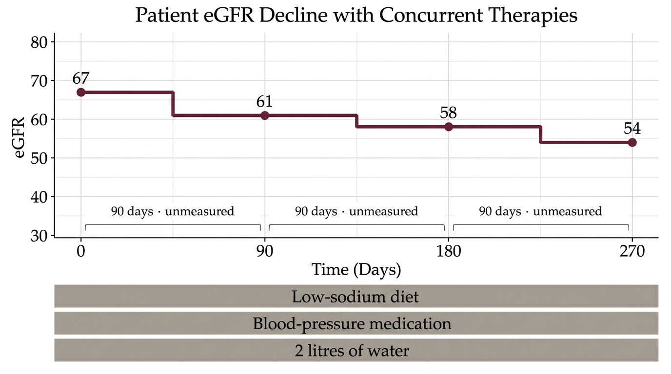 Line chart showing eGFR declining from 67 to 61 to 58 to 54 across 270 days, with low-sodium diet, blood-pressure medication and 2 litres of water running continuously underneath, and each 90-day gap marked unmeasured.