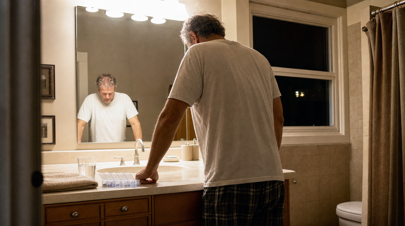 A man in his sixties standing at a bathroom sink in the middle of the night, one hand on the counter beside a glass of water and an open pill organiser.