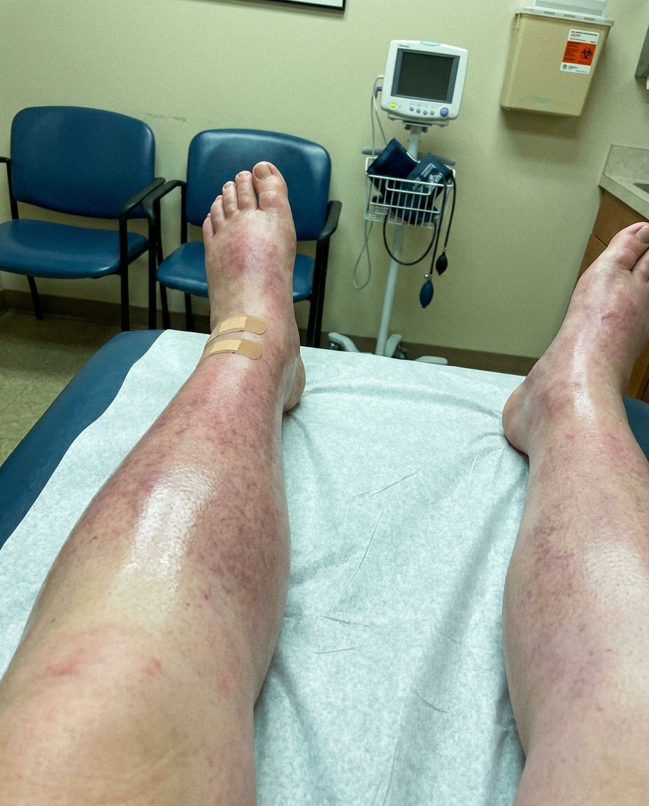 Two swollen, mottled lower legs on an exam table.