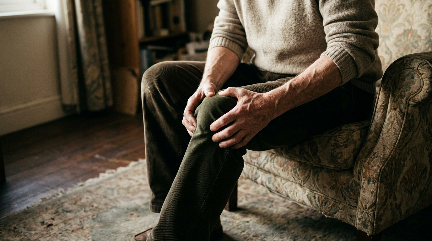 A man in his sixties sitting in an armchair with both hands clamped around one knee.