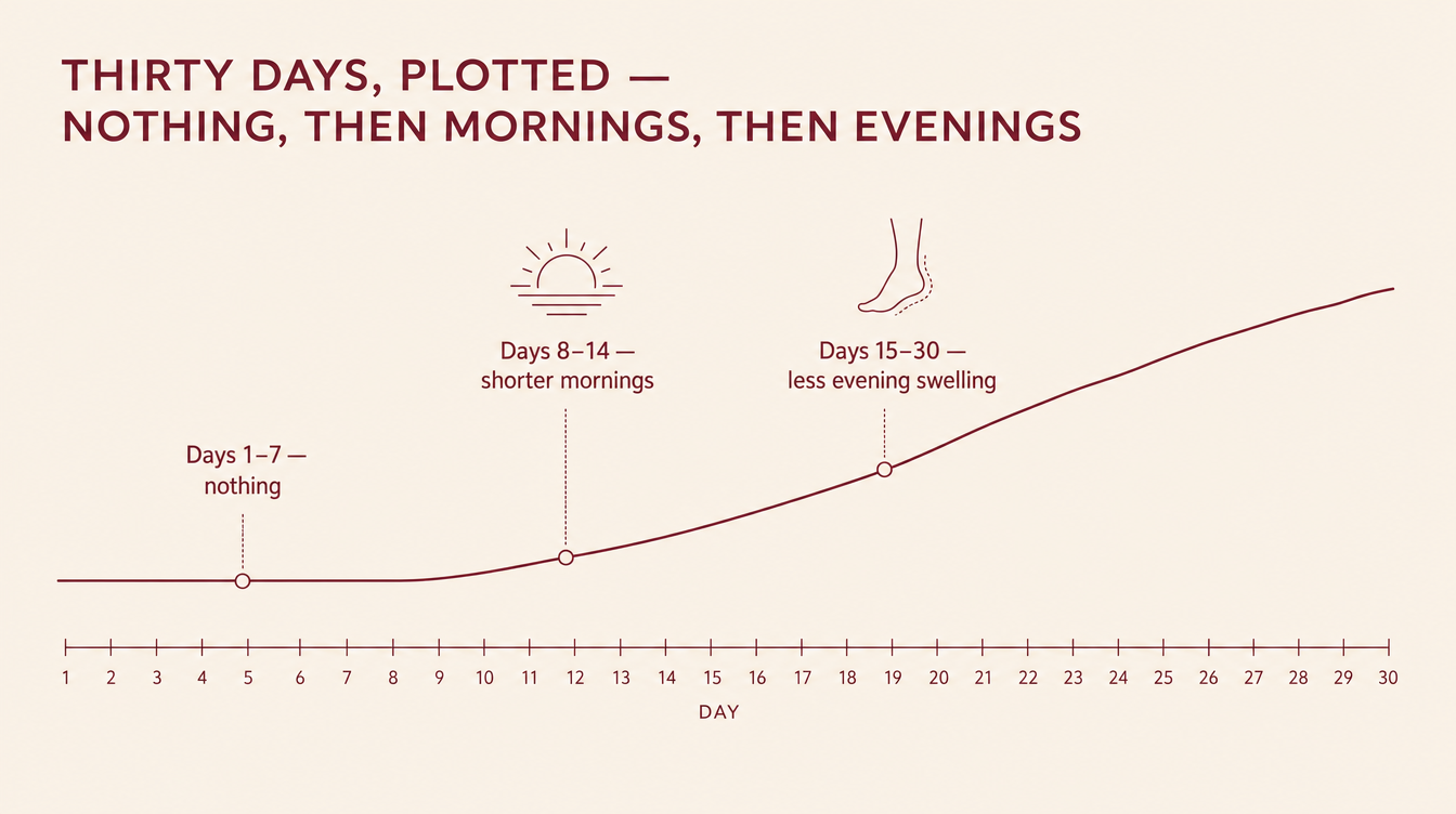 Thirty-day timeline: flat through day seven, then rising through shorter mornings and less evening swelling.