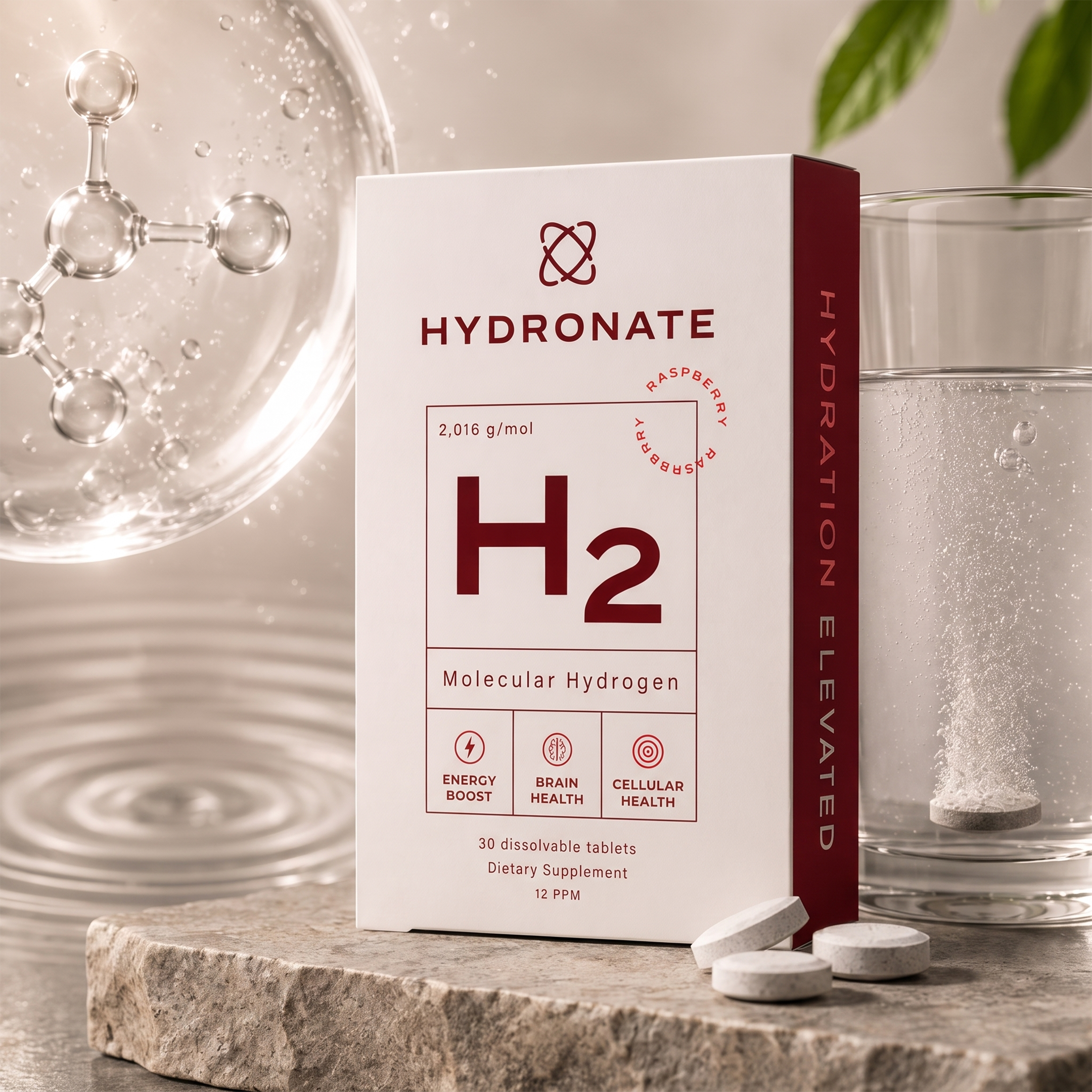 Hydronate box beside a glass with a tablet dissolving.