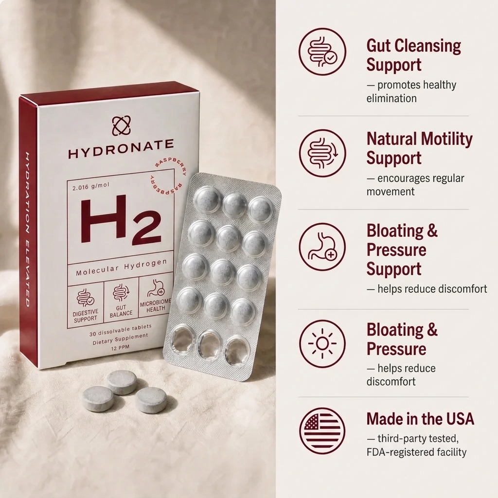 Hydronate Gut Health Support box and tablets with five key benefits.