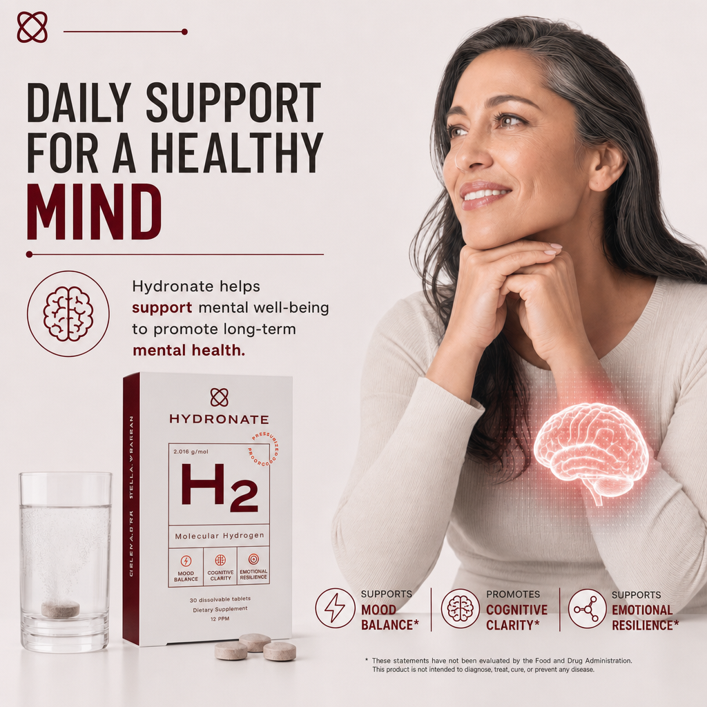 Daily support for a healthy mind — Hydronate helps support mental well-being. Supports mood balance, promotes cognitive clarity, supports emotional resilience.