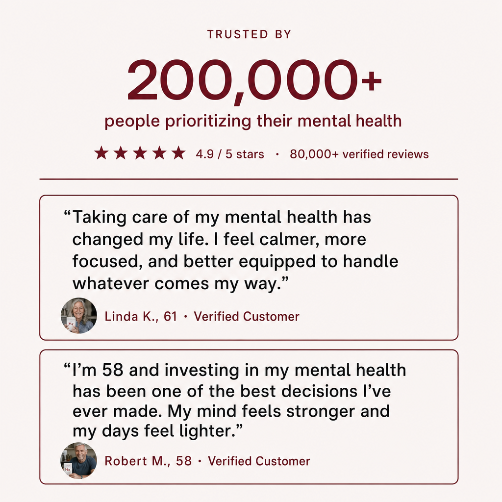 Trusted by 200,000+ people prioritising their mental health, 4.9 out of 5 stars, with two verified customer quotes.