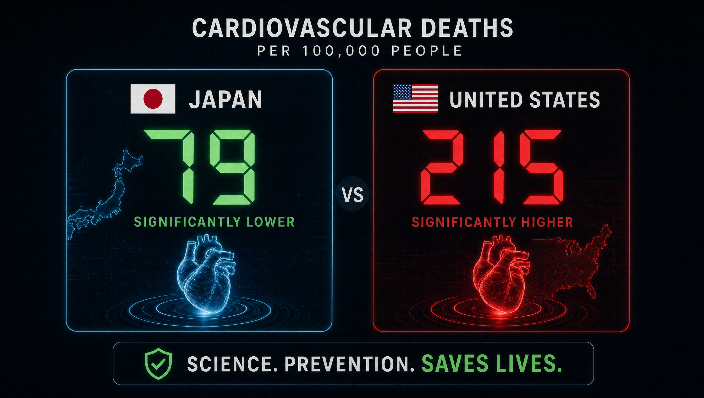 Comparative chart of cardiovascular disease outcomes between the United States and Japan.