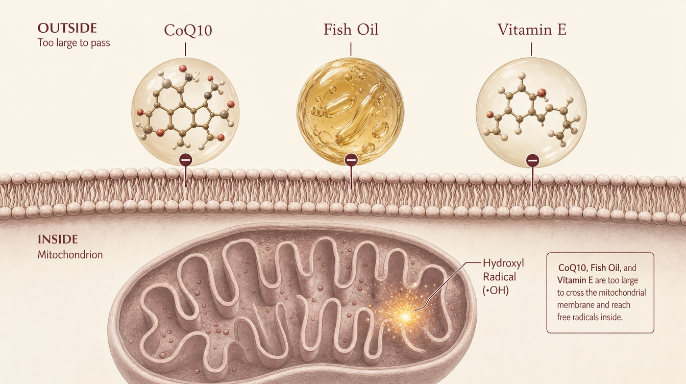 CoQ10, fish oil and vitamin E shown as too large to cross the mitochondrial membrane, while a hydroxyl radical burns inside the mitochondrion.